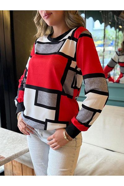 modamtn Women's Long Sleeve Crew Neck Color Block Print Diver Blouse