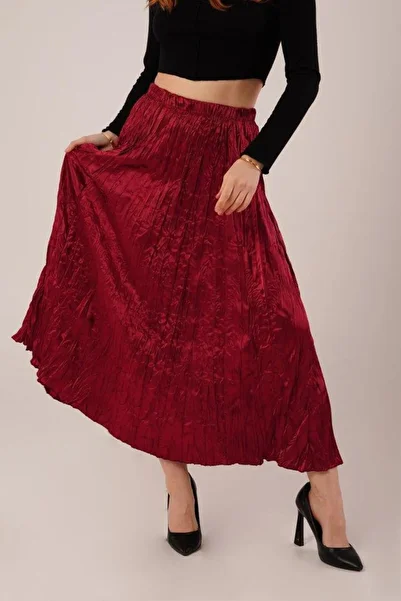 ebadi    Midi Length Pleated Satin Claret Red Skirt