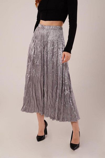modamtn    Midi Length Pleated Satin Gray Skirt