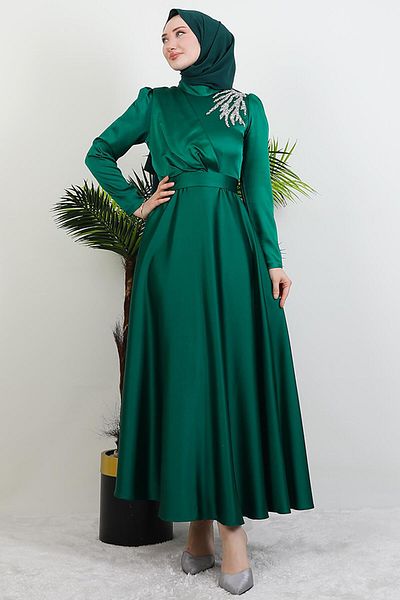 GİYZAMİLA Shoulder Stoned Satin Evening Dress Emerald
