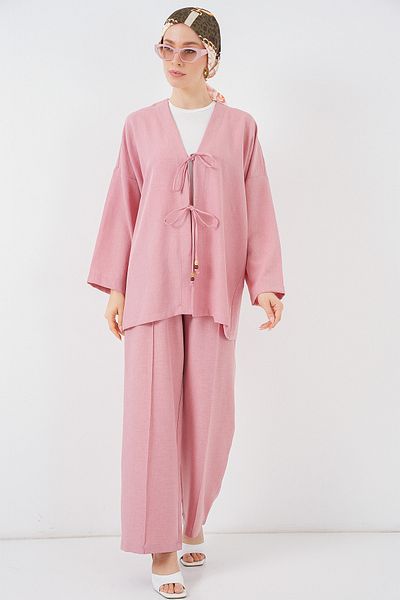 Bigdart Дамски ленен кимоно костюм от две части 6727 - цвят Dusty Rose