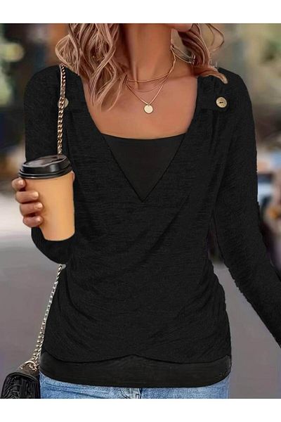 modamtn Women's Long Sleeve V Neck Button Detail Soft Blouse
