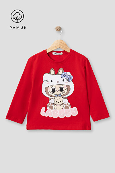 difa kids Kız Çocuk Pamuklu Mevsimlik Labubu Baskılı Uzun Kollu Tshirt