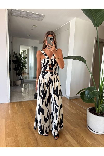 My Blog Black Ecru Patterned Blouse Trousers Set - 251034