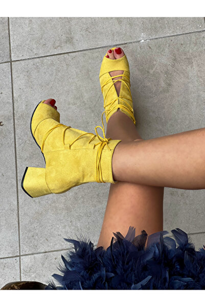 BERFONA Smile Yellow Suede 5 cm Heel Summer Boots Sandals