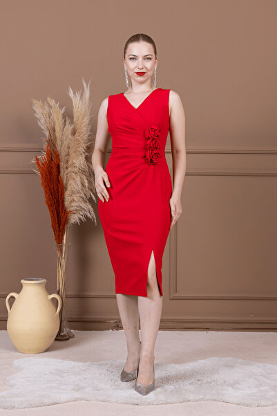 BEYBOS Atlas Υφασμάτινο Φόρεμα με Λεπτομέρεια Τριαντάφυλλο - ΚΟΚΚΙΝΟ