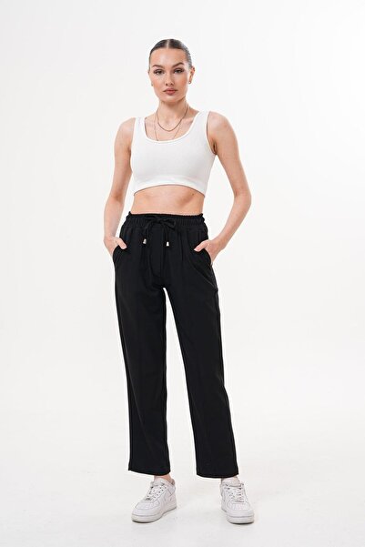 Flame İstanbul Butik Pantaloni negri din viscoză cu talie elastică - SRP4184