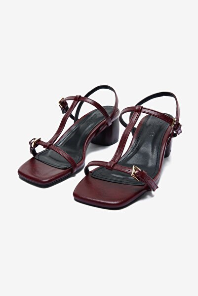Seniorah Burgundy Patent Leather Thin Strap Women's Thick Heeled Shoes
