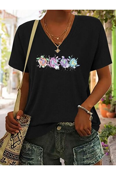 FUFLUNS تي شيرت نسائي كبير الحجم برقبة على شكل حرف V مطبوع عليه سلاحف صغيرة