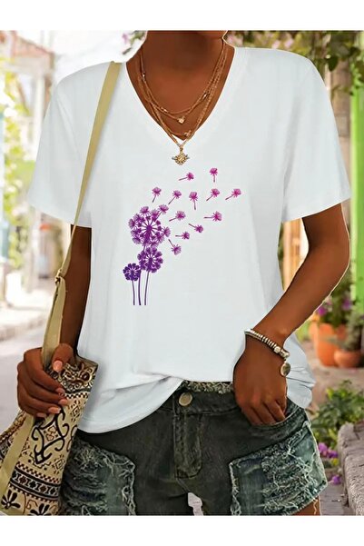 FUFLUNS تي شيرت نسائي كبير الحجم برقبة على شكل حرف V مطبوع عليه كرمة الخنزير