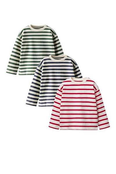 Magu Set de 3 tricouri unisex pentru copii din bumbac cu dungi colorate cu maneca lunga - verde, bleumarin, rosu