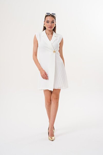 Flame İstanbul Butik Рокля без ръкави с плисета от двойна тъкан в цвят екрю STP2279