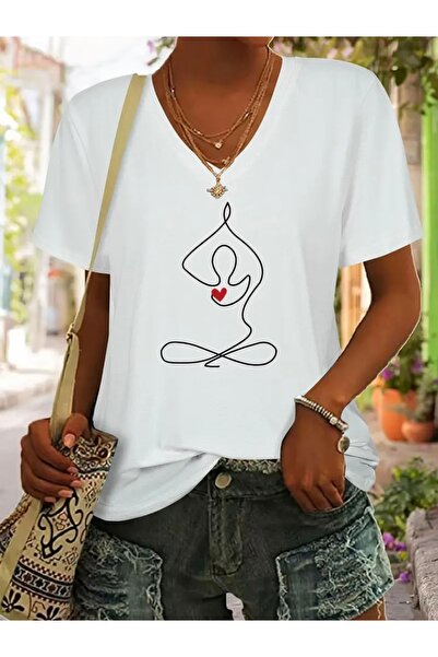 FUFLUNS Yoga Printed Women's Oversize V-Neck T-Shirt