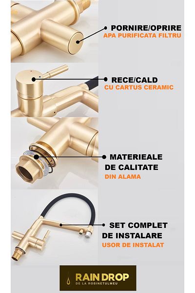 Rain Drop De la Robinetul Meu Baterie bucatarie cu 3 cai, iesire pentru filtru de apa purificata, auriu nichelat