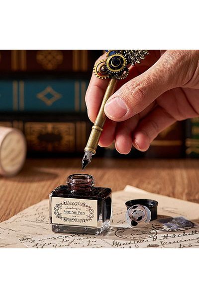 OEM Set de pene de scris cu accente Steampunk, cadou elegant cu carcasă și cerneală incluse, culoare albastră