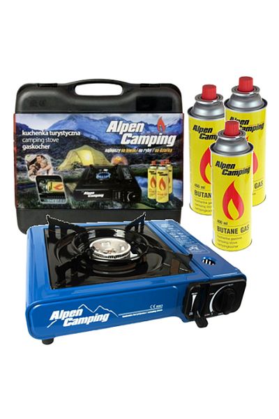 OEM Aragaz camping portabil, alimentare cu cartus gaz butan, aprindere automata si 3 rezerve de gaz