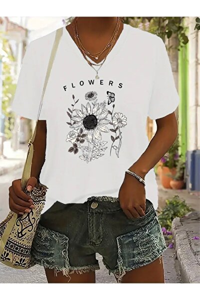 FUFLUNS تي شيرت نسائي كبير الحجم برقبة على شكل حرف V مطبوع عليه زهور