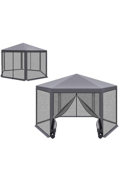 zola Hexagonal garden pavilion, insect net, 2 x 2 x 2.5 m, steel frame, polyester, grey