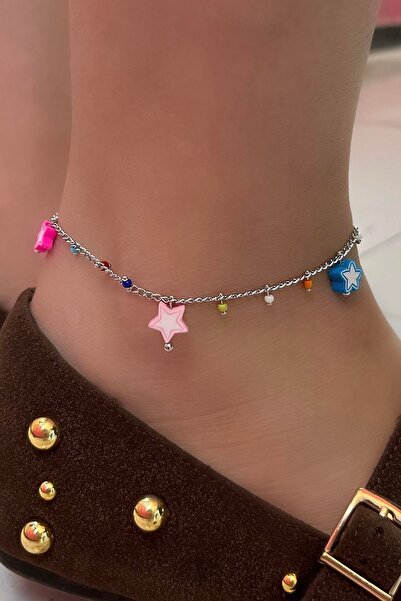 TAKIŞTIR Silver Color Star Figured Bead Detailed Ysx Anklet