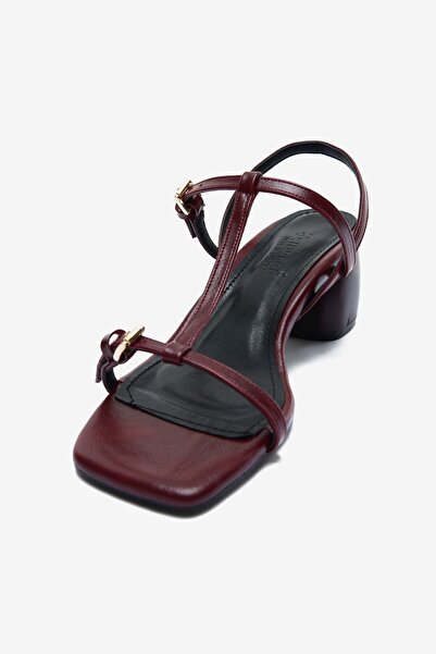 Seniorah Burgundy Patent Leather Thin Strap Women's Thick Heeled Shoes