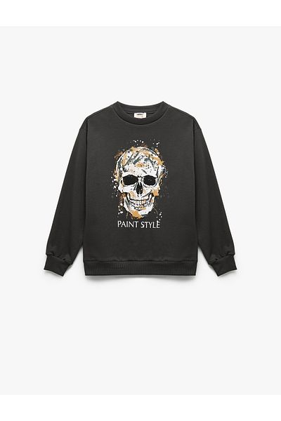 Koton Cotton Long Sleeve Crew Neck Printed Hooded Sweatshirt