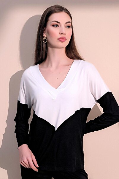 NEW LAVİVA Γυναικεία Λευκή V λαιμόκοψη Color Block Basic Loose - Άνετη χτενισμένη βαμβακερή μπλούζα