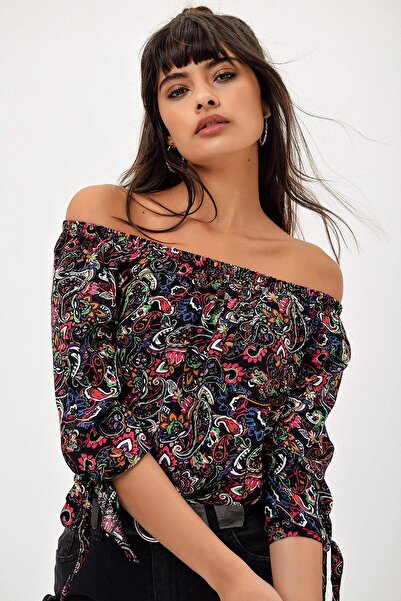 NEW LAVİVA Γυναικεία μπλούζα με στράπλες γιακά με μανίκια τριών τετάρτων με μοτίβο με μανίκια με κορδόνια με κανονική κοπή