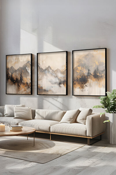 STARYUNA Suluboya efektli dağ manzaralı tablo, siyah ahşap çerçeveli 3'lü tab...