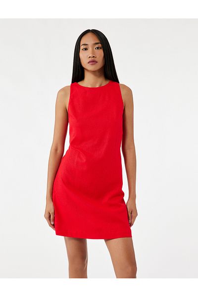 Koton Back Cutout Sleeveless Crew Neck Linen Mini Dress