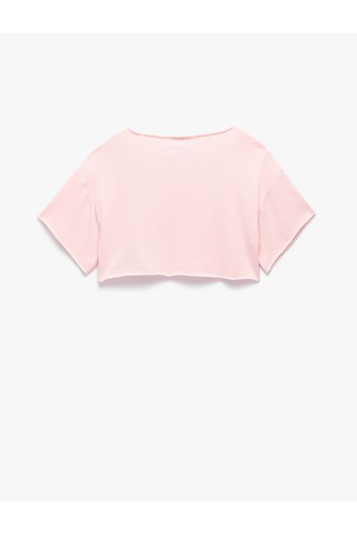 Koton Short Sleeve Off Shoulder Printed Oversize Crop T-Shirt