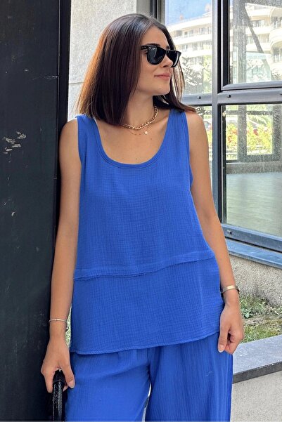 NEW LAVİVA Saks İthal Müslin Kumaş, Basic, Katlı, Salaş Askılı Bluz & Atlet