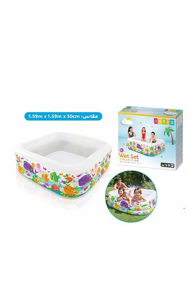 Intex مسبح مربع قابل للنفخ للأطفال بمقاس 159×159×50 سم - طقم رطب بطابع المحيط