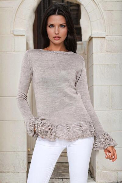 NEW LAVİVA Mink Round Neck, Ruffle Sleeve and Hem Detail, Knitwear Blouse