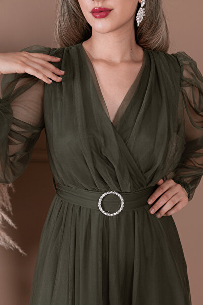 BEYBOS Tül Kumaş Kruvaze Yaka Taş Kemer Detaylı Elbise - HAKİ YEŞİLİ