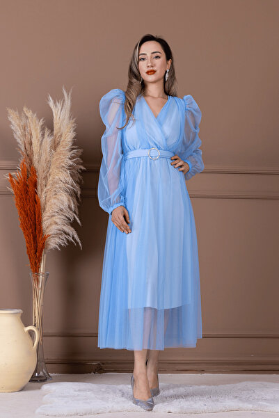 BEYBOS Tül Kumaş Kruvaze Yaka Taş Kemer Detaylı Elbise - BEBE MAVİSİ