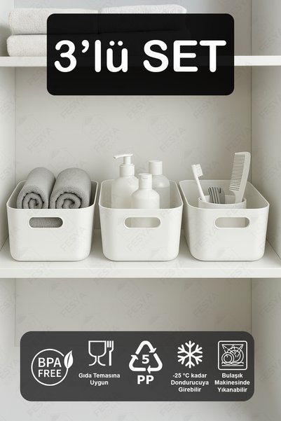 Fesya Home 3 komada organizatora za kupatilo, beli plastični višenamenski org...