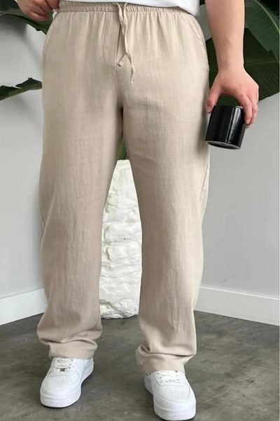 NO 601 Pantaloni largi pentru bărbați, bej, muselină de vară, amestec de in