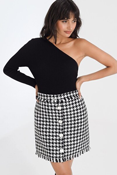 NEW LAVİVA Body de tricot scurt pentru femei, cu nasturi negri, cu model din picior de găin