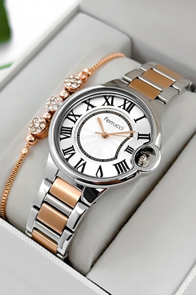 Ferrucci ساعة يد نسائية بسوار فولاذي وعلبة فولاذية، مقاومة للماء حتى 3 ATM، ف...