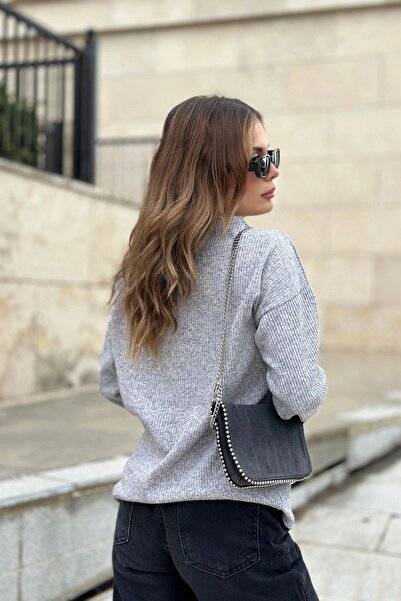 NEW LAVİVA Women's Gray Soft Texture Buttoned Knitwear Sweater, Long Sleeve, Regular Cut, Standard Size