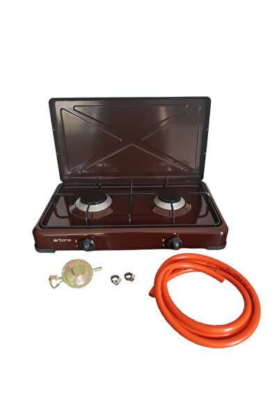 OEM Aragaz Emailat ERTONE cu 2 Ochiuri, Maro, 2m furtun gaz, ceas butelie cu ...
