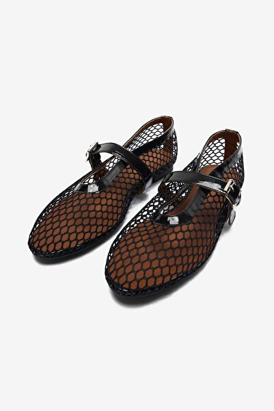 Seniorah Black Patent Leather Mesh Detailed Strappy Women's Ballerinas