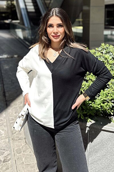 NEW LAVİVA Λευκό και μαύρο χρώμα μπλοκ, λαιμόκοψη V, μακρυμάνικο, γυναικεία βαμβακερή μπλούζα