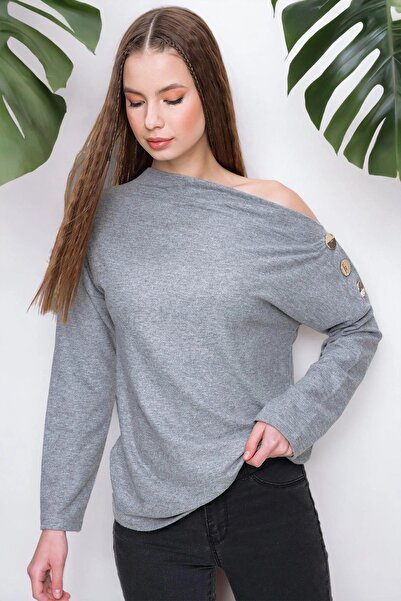 NEW LAVİVA Γυναικεία γκρι λαιμόκοψη με μακρύ μανίκι ώμου με λεπτομέρεια με κουμπιά Regular Cut Standard Oversize Μπλούζα