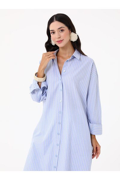 Benin Βαμβακερό πουκάμισο Poplin Oversize - Μπλε ριγέ -