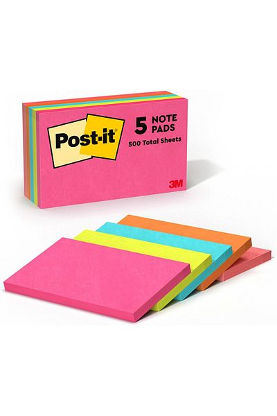 Post-it ملاحظات نيون كولورز ٦٥٥ - عبوة من ٥ قطع، ٣ × ٥ بوصات (٧٦ × ١٢٧ مم)، ٥ أوراق/عبوة | ألوان متنوعة | ملاحظات لاصقة