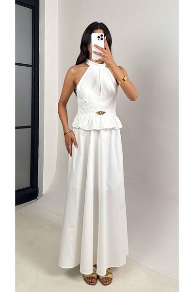 My Blog White Gold Buckle Halter Neckline Blouse Skirt Set - 251031