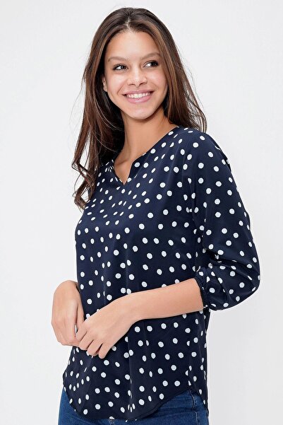 NEW LAVİVA Γυναικεία μπλούζα με μπλέ μπλέ γιακά με σχισμή κρεπ με πουά μανίκια και φορέματα - Κατάλληλο για το να έχετε το καλύμμα