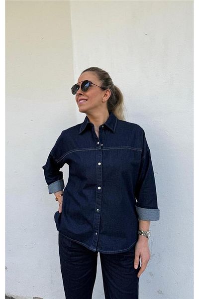 LEVURE Chain Detailed Snap Fastener Denim Shirt