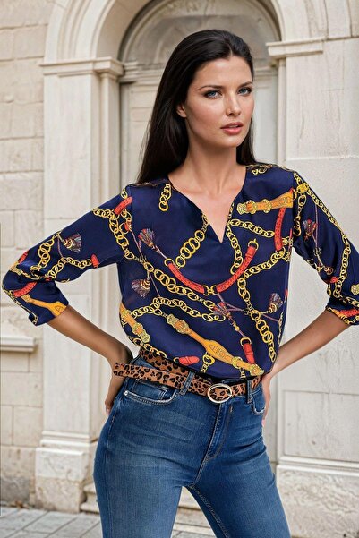 NEW LAVİVA Синя блузка з V-подібним вирізом, ланцюговим візерунком, довгими рукавами та класичним кроєм